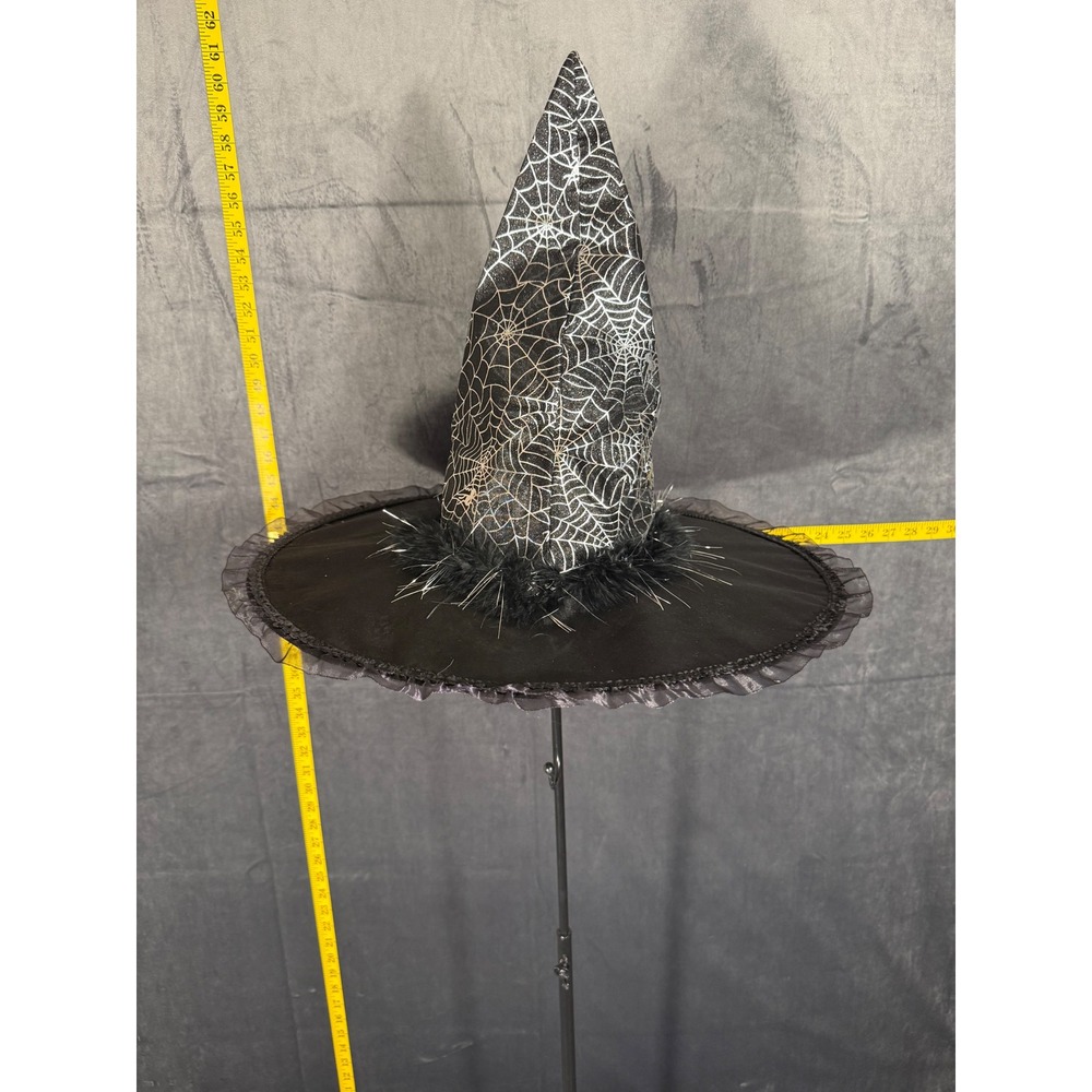 Unbranded Witch Hat Womens OS Black Silver Spiderweb Feather Trim Halloween
